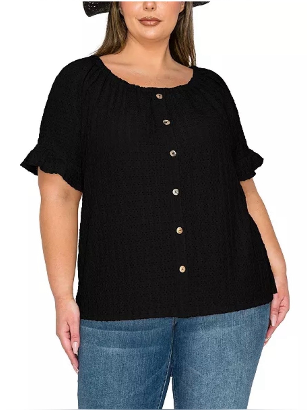 COIN1804 Black Eyelet Jersey Button Front Ruffle Sleeve Peasant Top NET